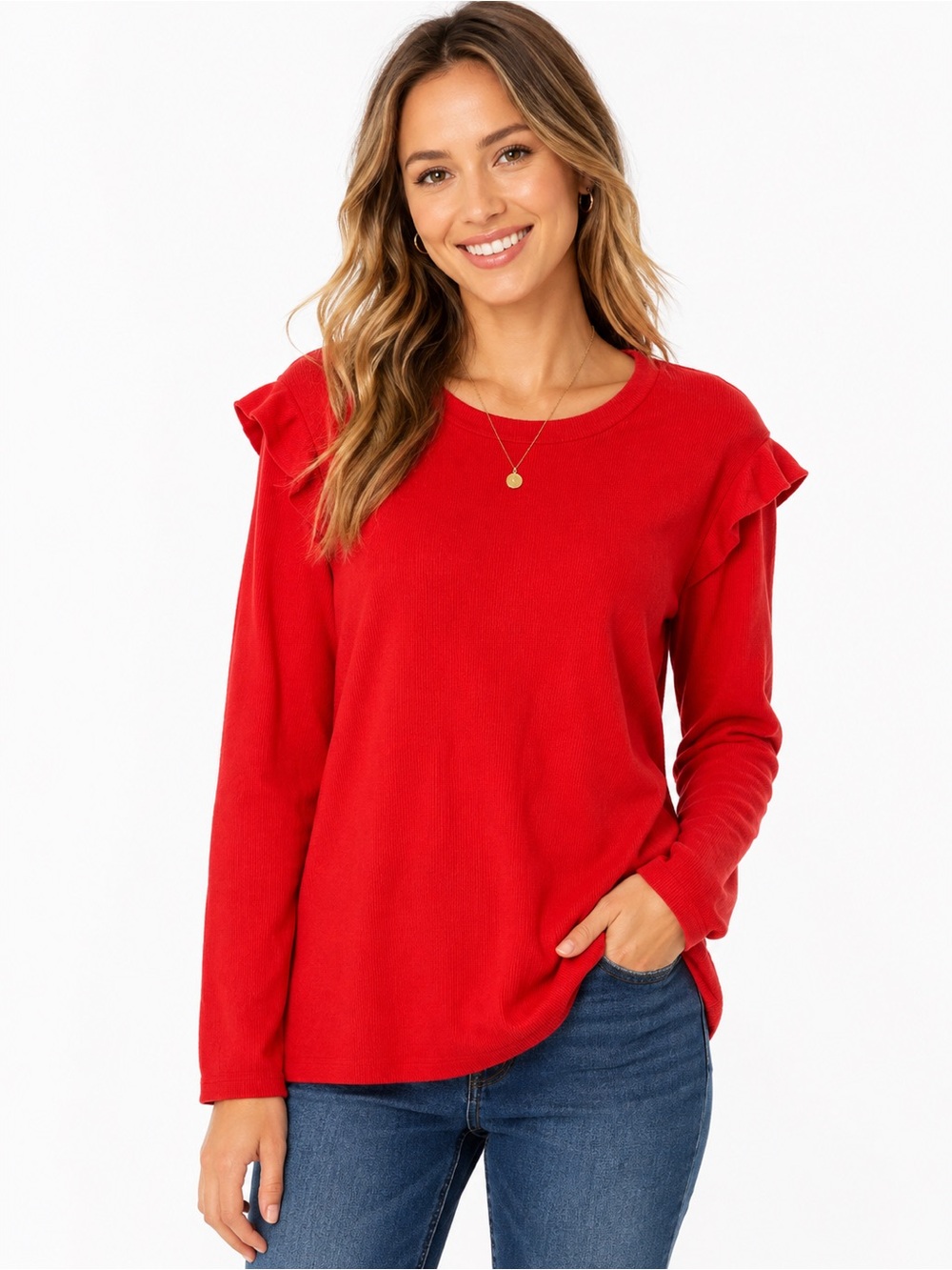 Women’s Red Ruffle Shoulder Long-Sleeve Sweater - 1012